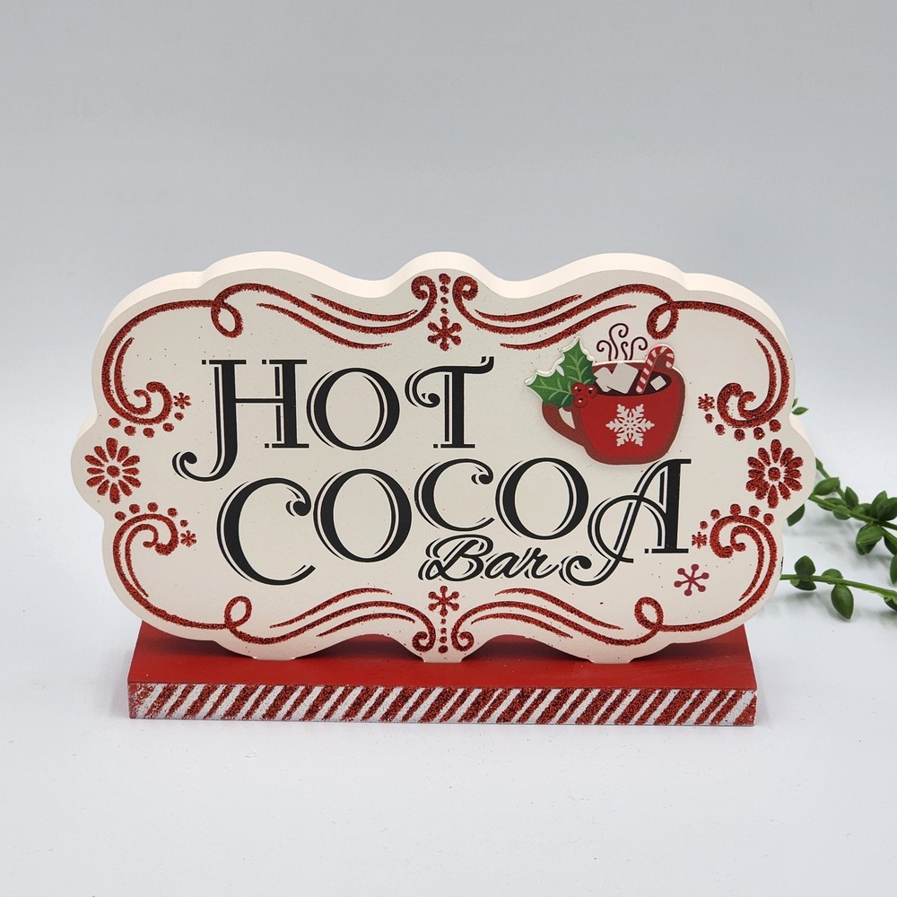 Hot Cocoa Bar Sign Wooden Red White Glitter Christmas Holiday Decor 8"x5"